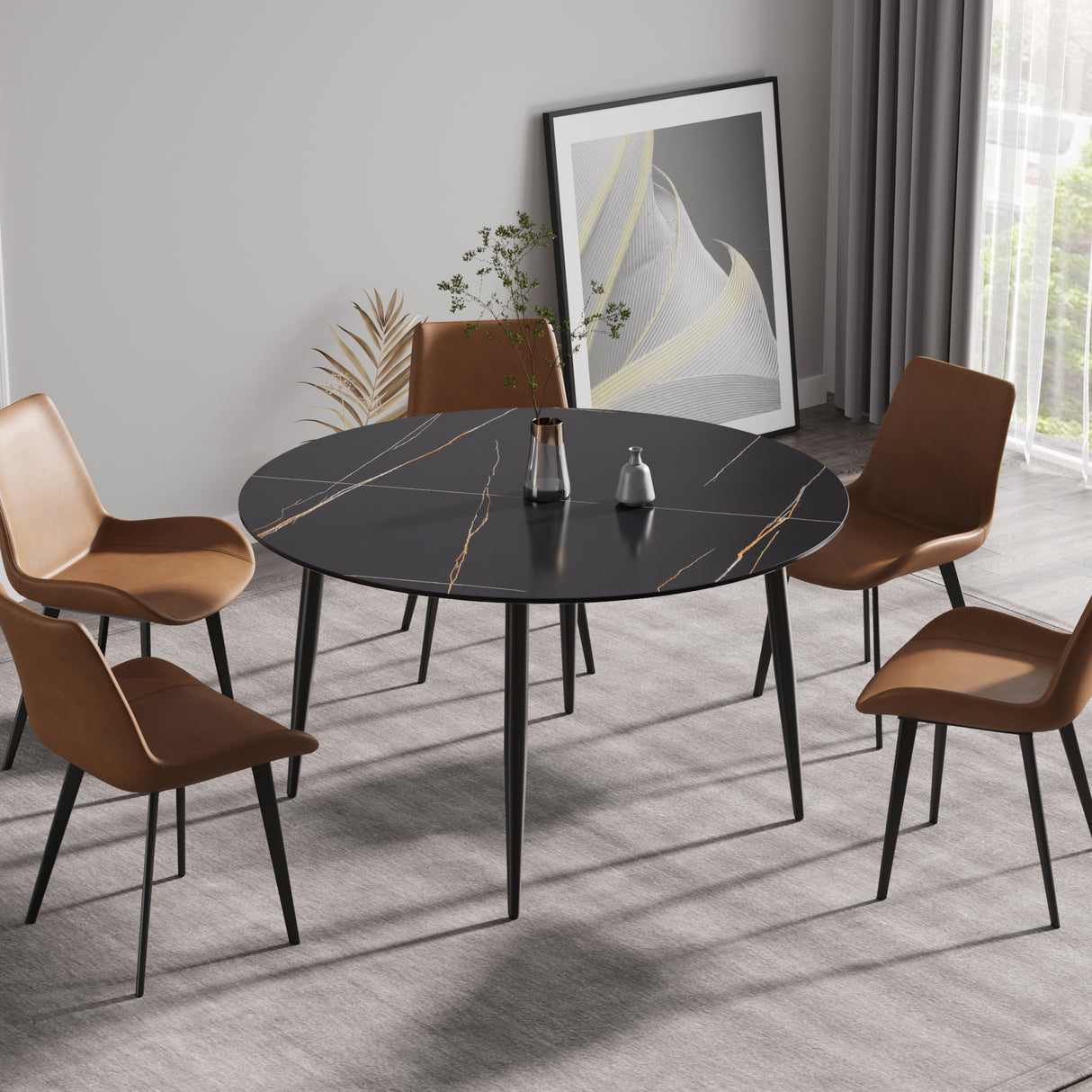 53.15 " modern artificial stone black round dining table with black metal legs - can accommodate 6 people. - W1535S00213 - image - 1