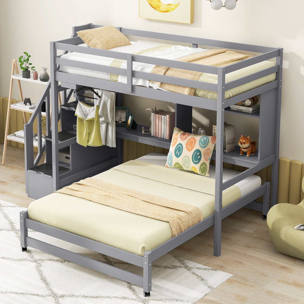 Twin over Full Bunk Bed with Storage Staircase, Desk, Shelves and Hanger for Clothes, Gray - Home Elegance USA