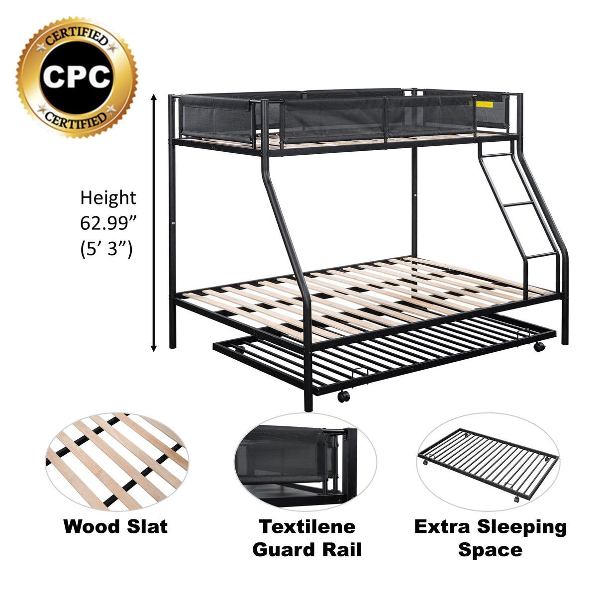 Twin over Full Metal Bunk Bed with Trundle (Wood Slat and Textilene Guardrail) - Home Elegance USA