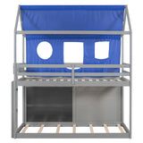 Twin over Twin House Bunk Bed with Blue Tent, Slide, Shelves and Blackboard, Gray - Home Elegance USA
