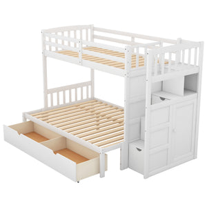 Twin over Full/Twin Bunk Bed, Convertible Bottom Bed, Storage Shelves and Drawers, White - Home Elegance USA