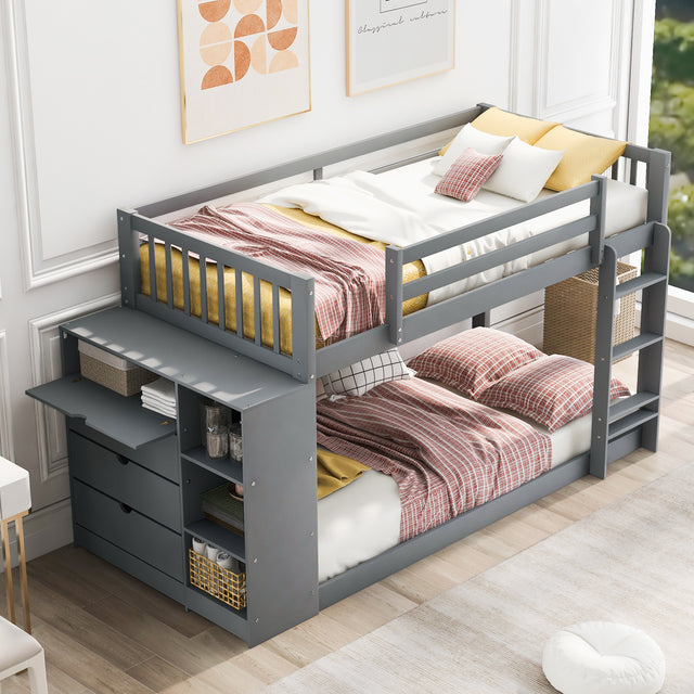 Twin over Twin Bunk Bed with Attached Cabinet and Shelves Storage ,Gray (OLD SKU:GX000513AAE) - Home Elegance USA