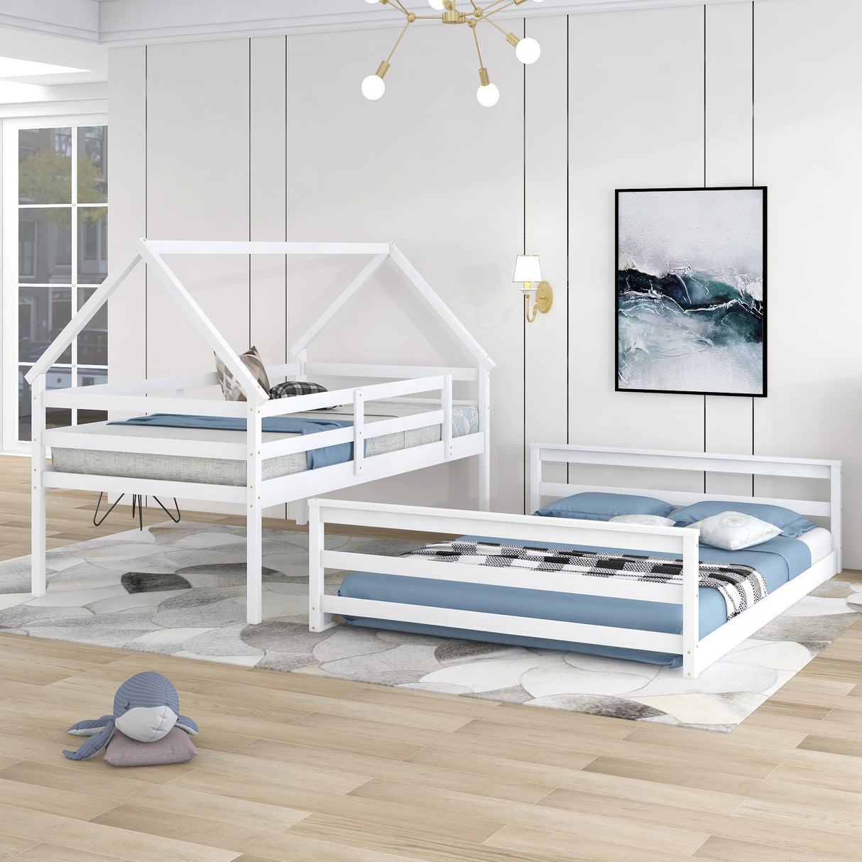 Twin over Full House Bunk Bed with Built-in Ladder,White - Home Elegance USA