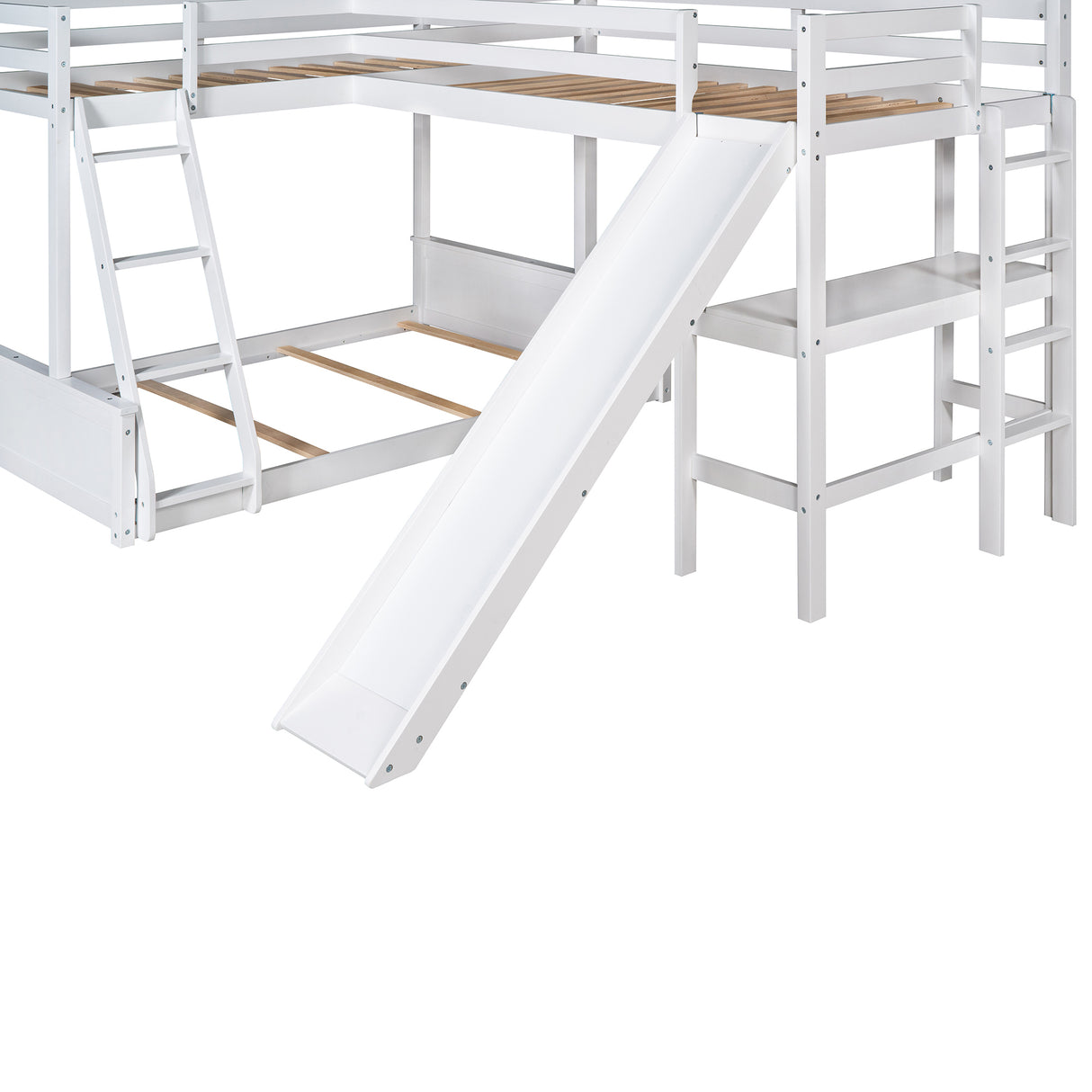 Twin over Full Bunk Bed with Twin Size Loft Bed with Desk and Slide,Full-Length Guardrail, White - Home Elegance USA