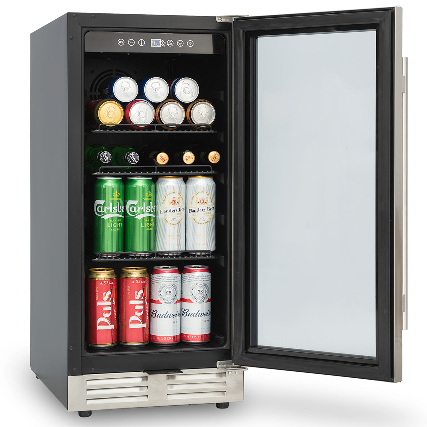 Built-in and Freestanding 15" Mini Beverage Refrigerator/Wine Cabinet, 120 Cans, 34-65°F, Quiet, Adjustable Shelves, LED Lighting, ETL , Touch Controls, Defrost, Double Glass Door, Kitchen/Bar /office