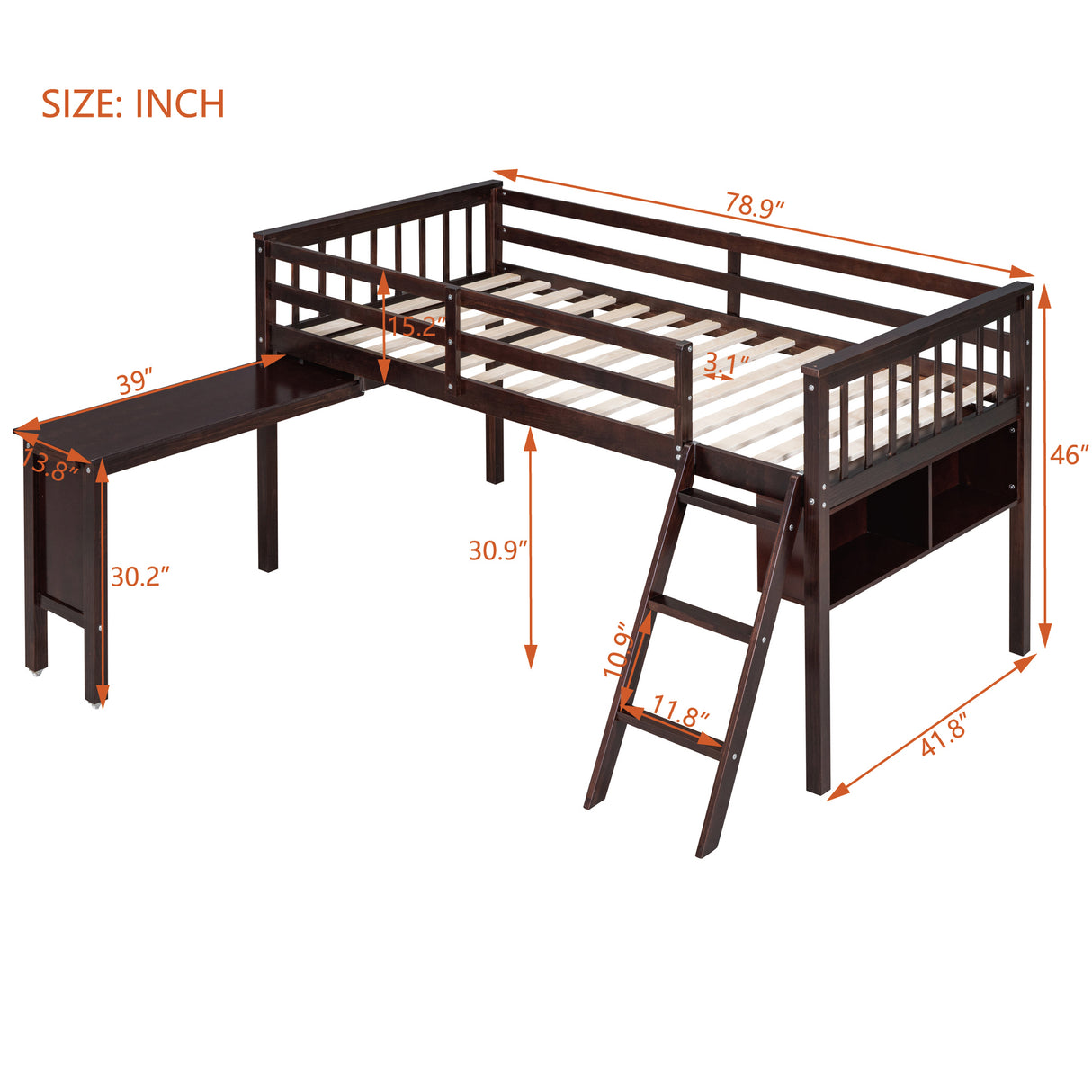 Twin Size Loft Bed With Removable Desk and Cabinet, Espresso - Home Elegance USA