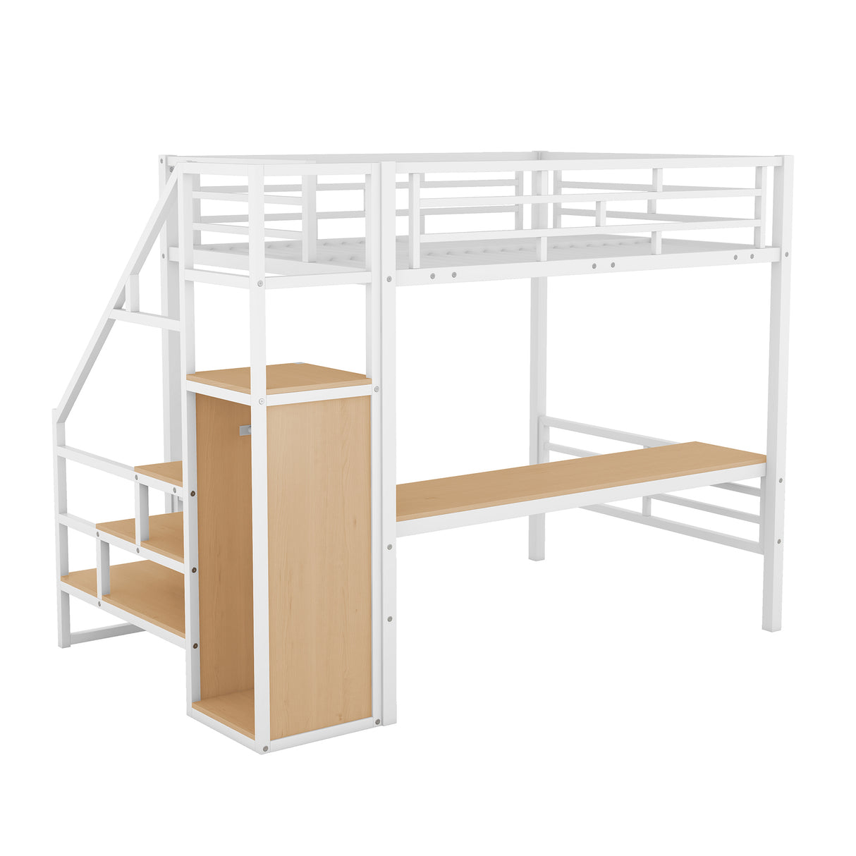 Full Size Metal Loft Bed with Desk, Storage Staircase and Small Wardrobe, Storage stairs can be installed left and right, White - Home Elegance USA