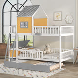 Full over Full Bunk Bed with Twin Size Trundle , Farmhouse Bed with Storage Box and Drawer - Yellow - Home Elegance USA