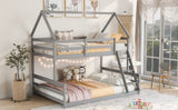 Twin over Full House Bunk Bed with Built-in Ladder,Gray - Home Elegance USA