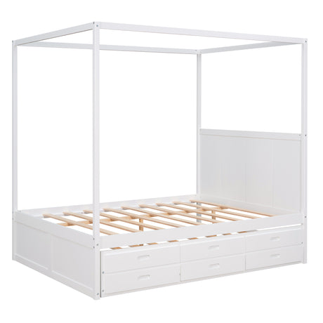 Queen Size Canopy Platform Bed with Twin Size Trundle and Three Storage Drawers,White - Home Elegance USA