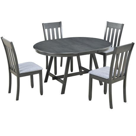 TREXM 5-Piece Wood Dining Table Set Round Extendable Dining Table with 4 Dining Chairs, Dining Room Table Set for 4 person for Dining Room