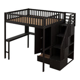 Full size Loft Bed with Bookshelf,Drawers,Desk,and Wardrobe-Espresso - Home Elegance USA