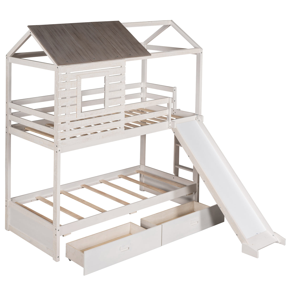 Twin Over Twin Bunk Bed with Two Storage Drawers and Slide, House-Shaped Wood Bunk Bed, Antique White (OLD SKU:LP000089AAK) - Home Elegance USA