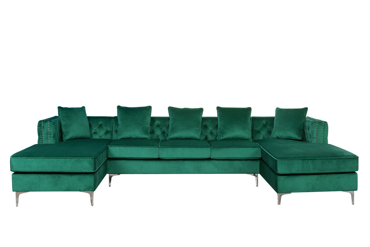 Ryan Green Velvet Double Chaise Sectional Sofa with Nail-Head Trim - Home Elegance USA