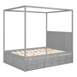 Queen Size Canopy Platform Bed with Twin Size Trundle and Three Storage Drawers,Gray - Home Elegance USA