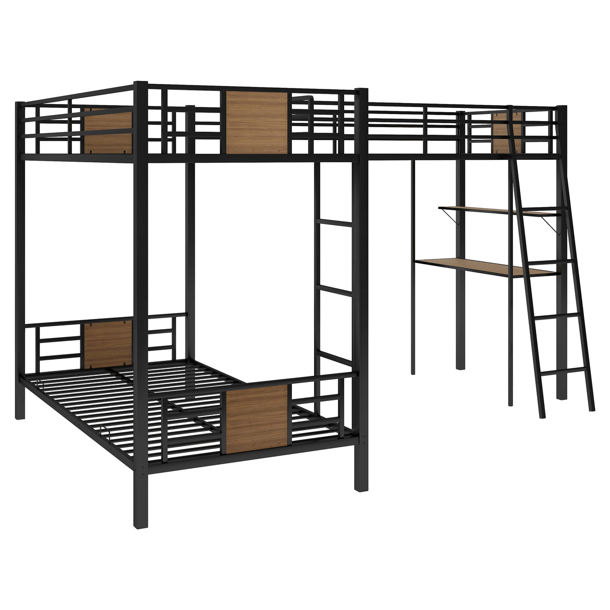 L-Shaped Twin over Twin Bunk Bed with Twin Size Loft Bed with Desk and Shelf ,Brown - Home Elegance USA
