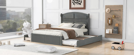 Wood Queen Size Platform Bed with Twin Size Trundle and 2 Drawers, Antique Gray(Expected Arrival Time: 9.2)