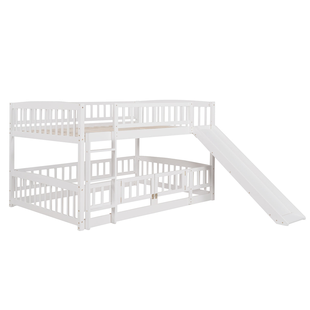 Bunk Bed with Slide,Full Over Full Low Bunk Bed with Fence and Ladder for Toddler Kids Teens White