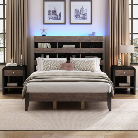 3 Pieces Bedroom Sets Mid Century Modern Style Queen Bed Frame with Bookshelf and LED Lights and USB Port and Two Nightstands, Walnut and Black - Home Elegance USA