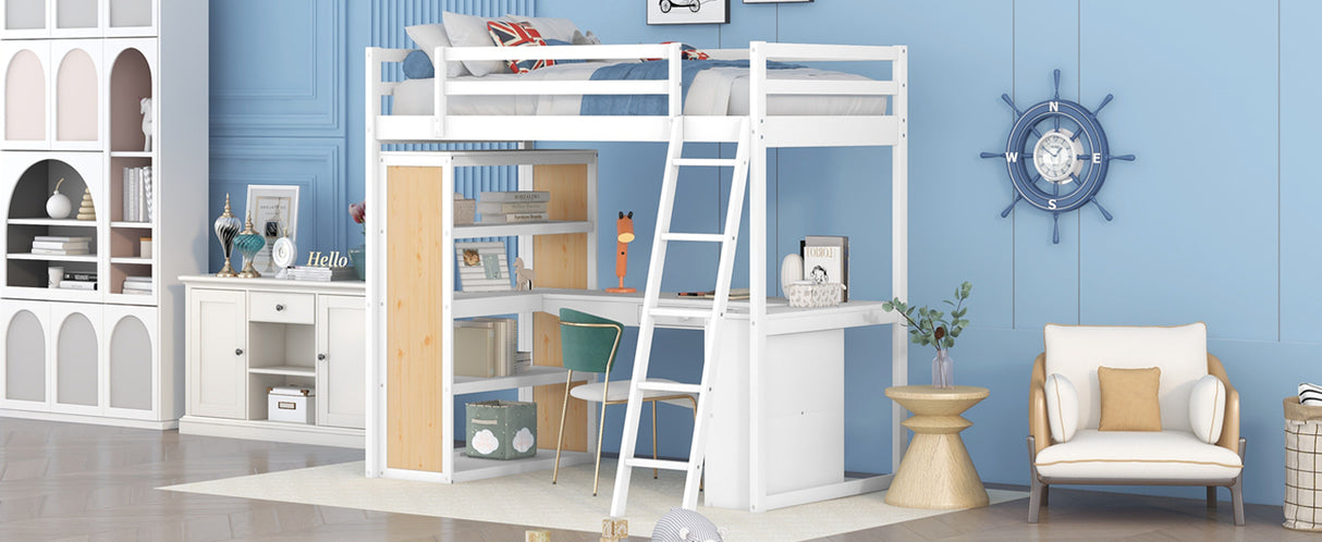 Twin Size Loft Bed with Ladder, Shelves, and Desk, White - Home Elegance USA