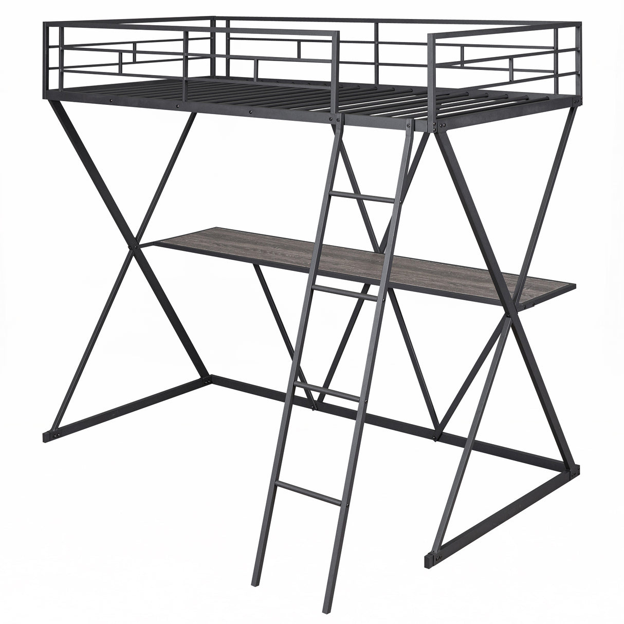 Twin Size Loft Bed with Desk, Ladder and Full-Length Guardrails, X-Shaped Frame, Black(Old SKU:SM000223AAB) - Home Elegance USA