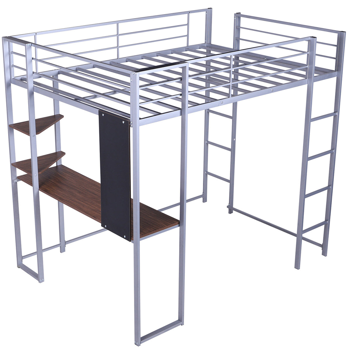 Full Size Metal Loft Bed with 2 Shelves and one Desk ,Silver (Old SKU: LP000091AAN )