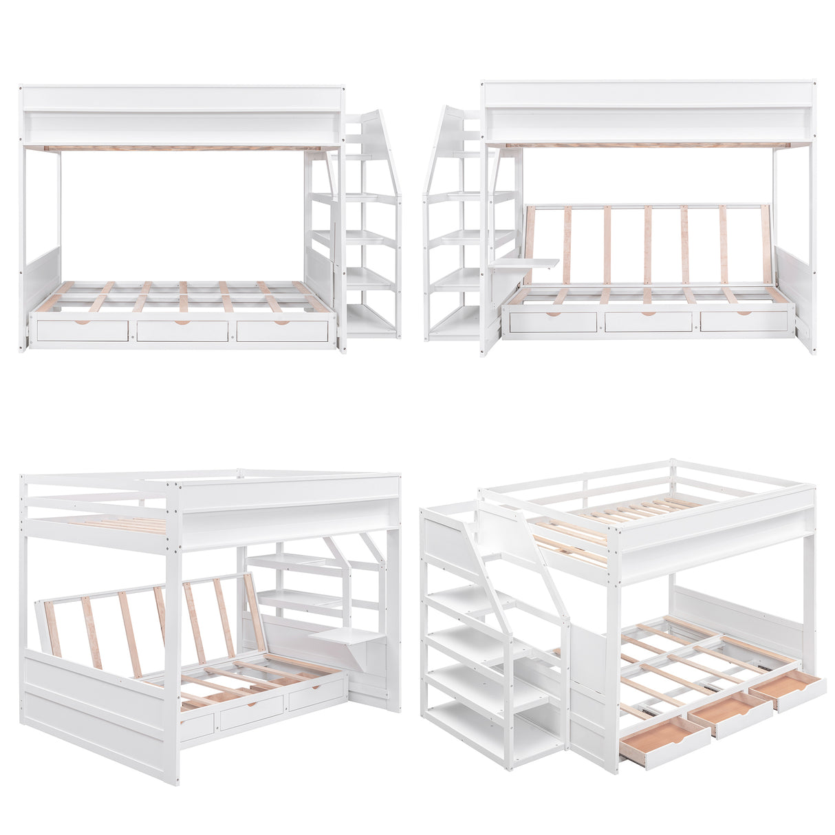 Wood Full Size Convertible Bunk Bed with Storage Staircase, Bedside Table, and 3 Drawers, White - Home Elegance USA