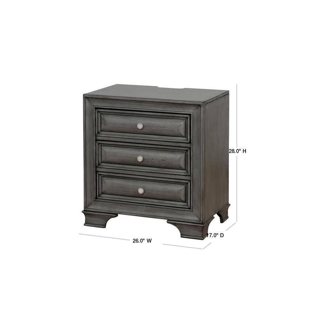 Gray Solid wood 1pc Nightstand Nickel Round Knob Transitional Style 3-Drawers Nightstand w Under Nightlight - Home Elegance USA