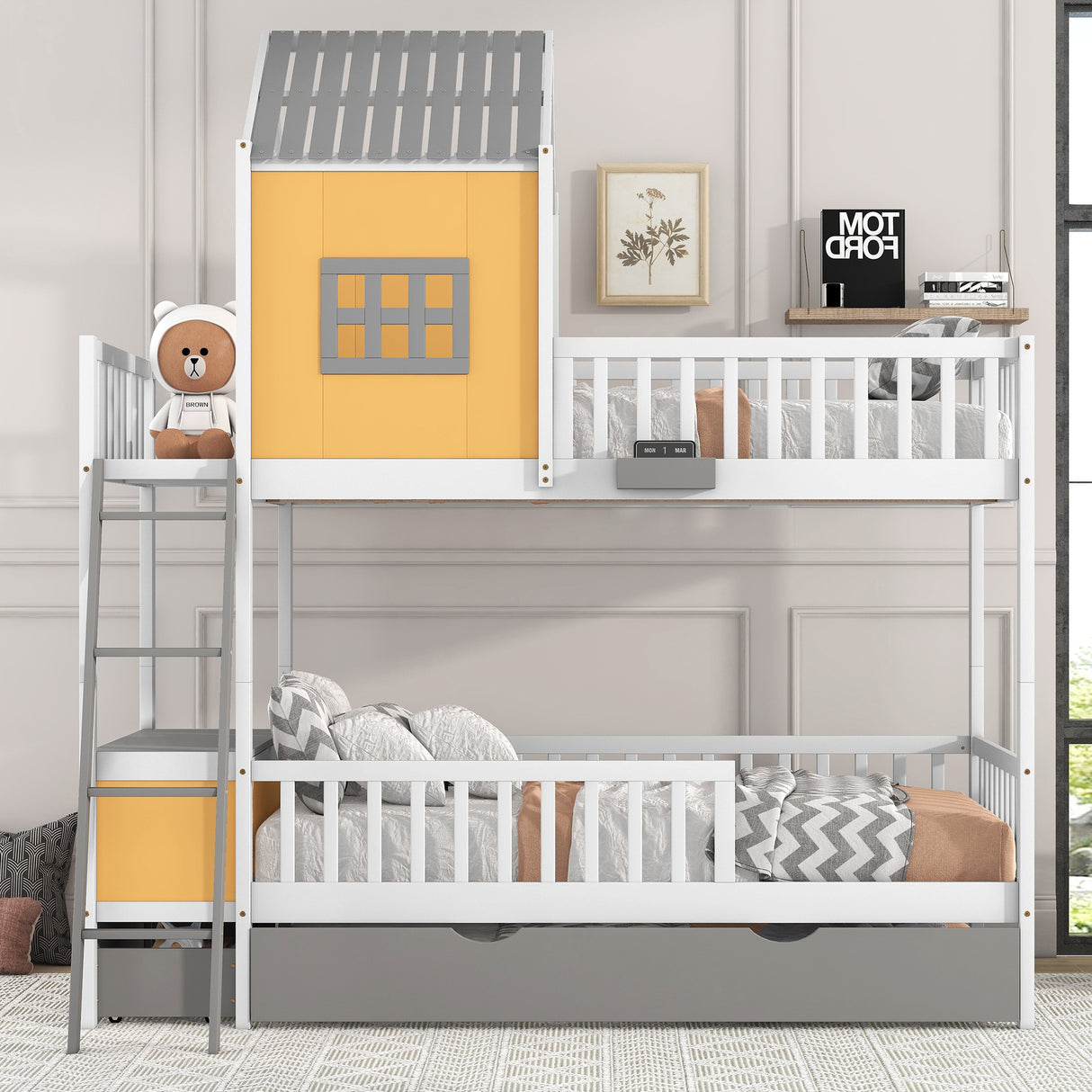 Twin over Twin Bunk Bed with Twin Size Trundle , Farmhouse Bed with Storage Box and Drawer - Yellow - Home Elegance USA