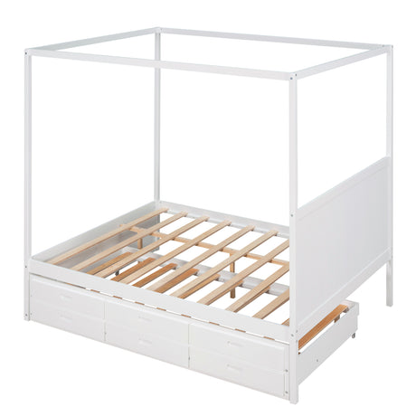 Queen Size Canopy Platform Bed with Twin Size Trundle and Three Storage Drawers,White - Home Elegance USA