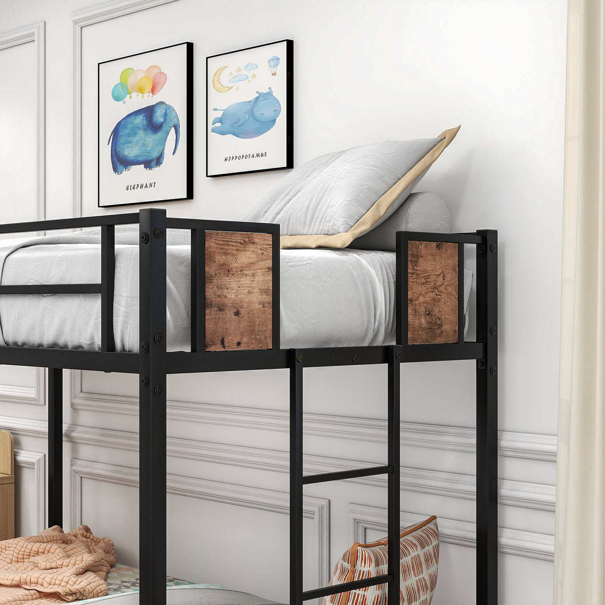 Bunk Bed Twin Over Twin Heavy Metal Bunk Bed with Ladder and Guardrail, Metal Bunk Bed, Storage Space, No Box Spring Needed Black - Home Elegance USA