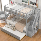 Twin over Twin Bunk Bed with Trundle and Storage, Gray - Home Elegance USA