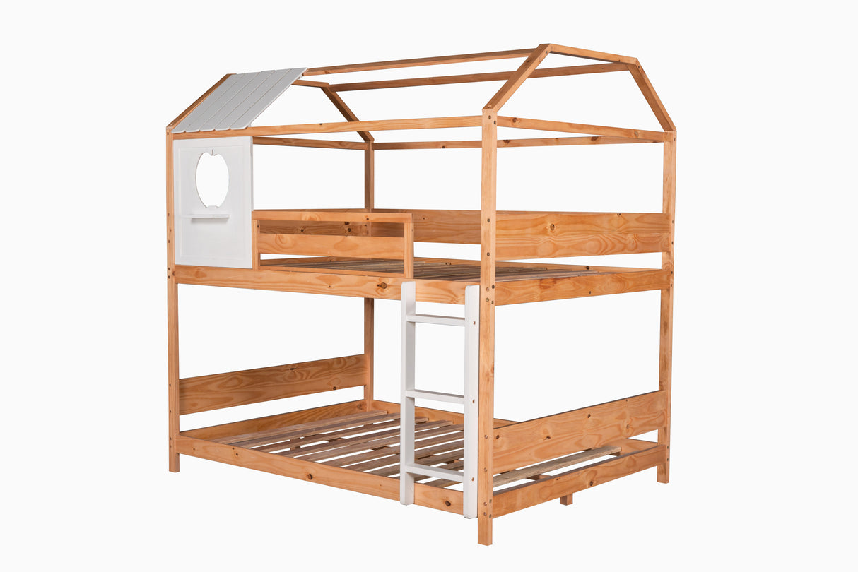 Full over Full Size House Bunk Bed with Window and Little Shelf,Full-Length Guardrail,Natural - Home Elegance USA