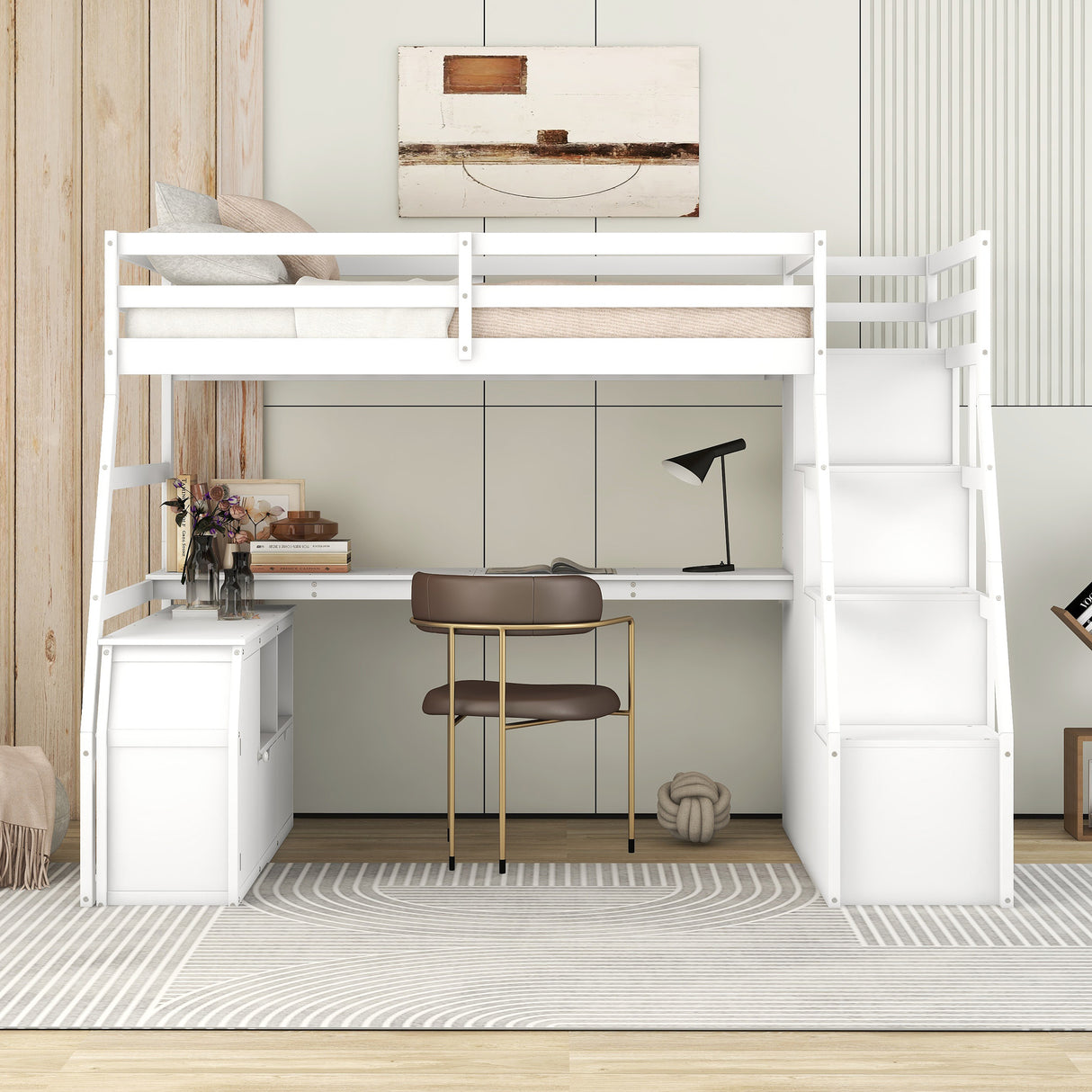 Twin Size Loft Bed with with 7 Drawers 2 Shelves and Desk - White - Home Elegance USA