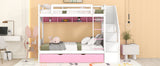 Twin Over Twin Bunk Bed with Trundle ,Stairs,Ladders Solid Wood Bunk bed with Storage Cabinet （White + Pink） - Home Elegance USA