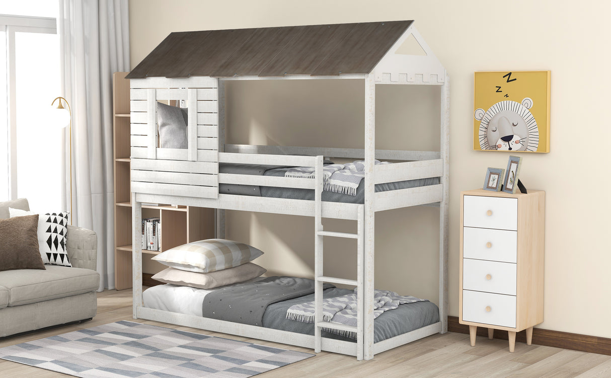 Twin Over Twin Bunk Bed Wood Loft Bed with Roof, Window, Guardrail, Ladder (Antique White)(old sku: LP000062AAM) - Home Elegance USA
