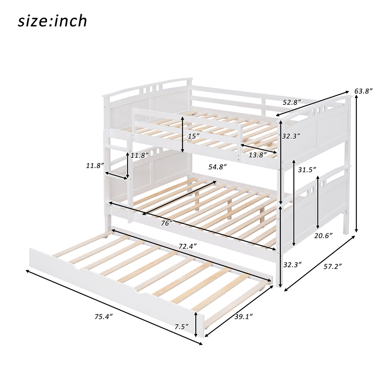 Full-Over-Full Bunk Bed with Twin size Trundle , Separable Bunk Bed for Bedroom - White - Home Elegance USA