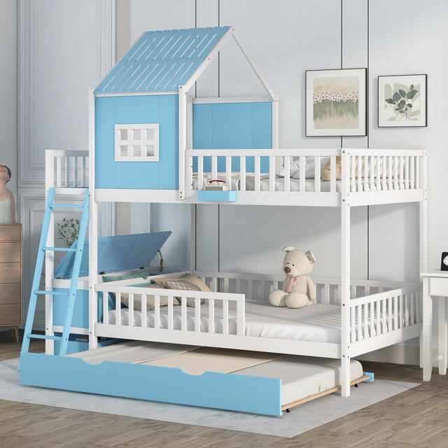 Full over Full Bunk Bed with Twin Size Trundle , Farmhouse Bed with Storage Box and Drawer - Blue - Home Elegance USA