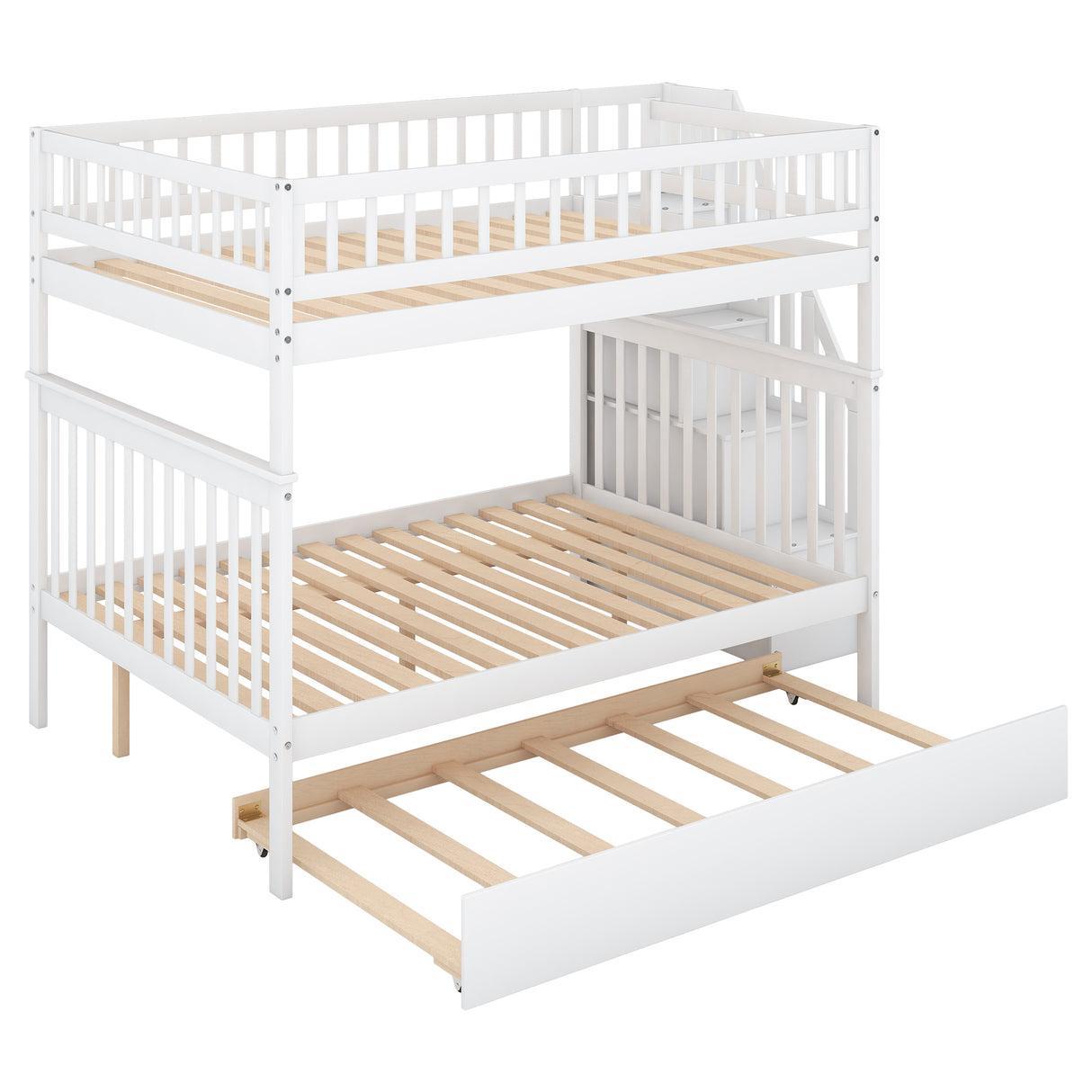 Full over Full Bunk Bed with Trundle and Staircase,White - Home Elegance USA