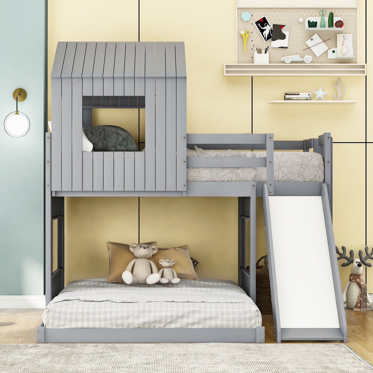 Wooden Twin Over Full Bunk Bed, Loft Bed with Playhouse, Farmhouse, Ladder, Slide and Guardrails, Gray(OLD SKU :LT000028AAN) Home Elegance USA