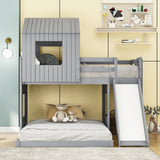 Wooden Twin Over Full Bunk Bed, Loft Bed with Playhouse, Farmhouse, Ladder, Slide and Guardrails, Gray(OLD SKU :LT000028AAN) Home Elegance USA