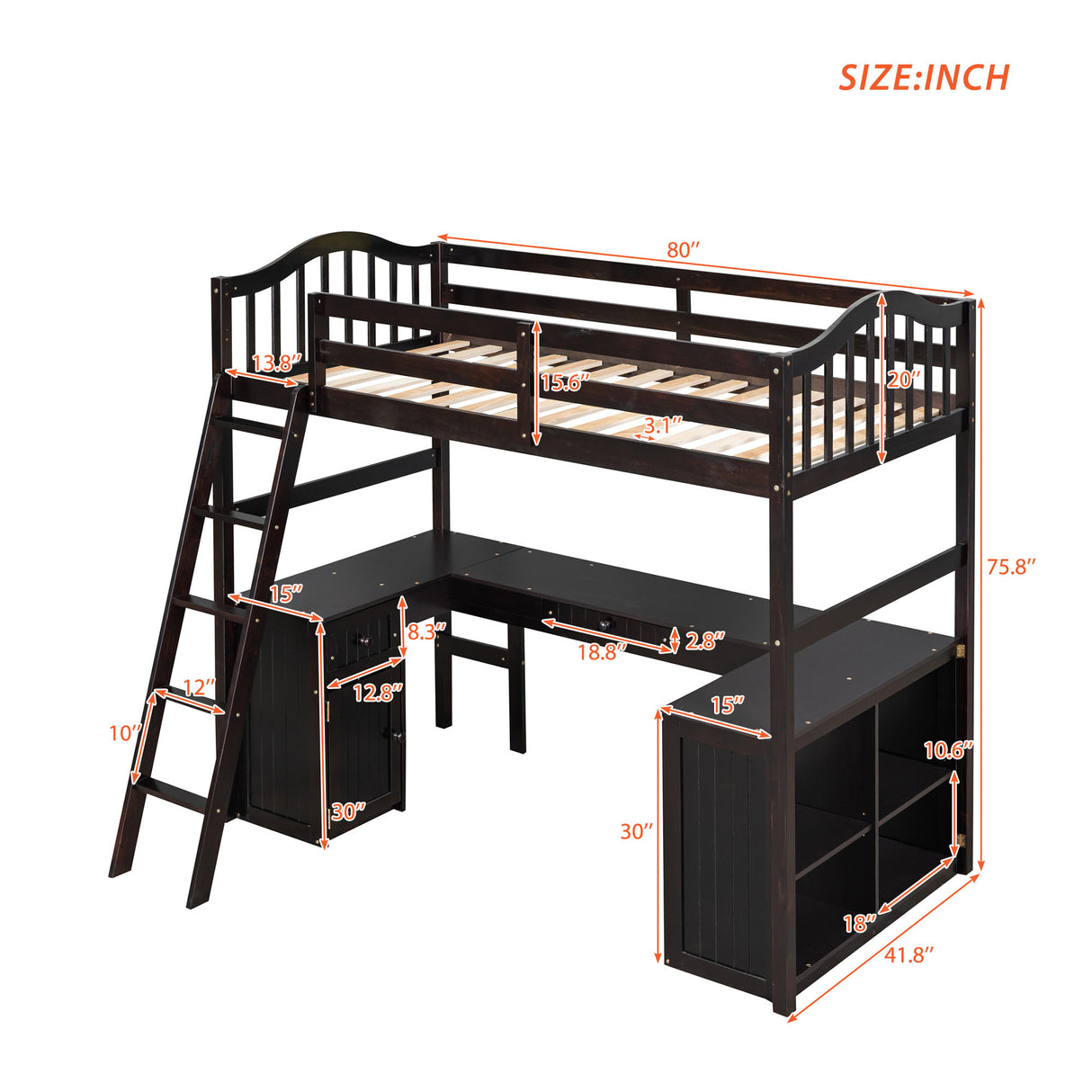 Twin size Loft Bed with Drawers, Cabinet, Shelves and Desk, Wooden Loft Bed with Desk - Espresso(OLD SKU :LT000505AAP) - Home Elegance USA