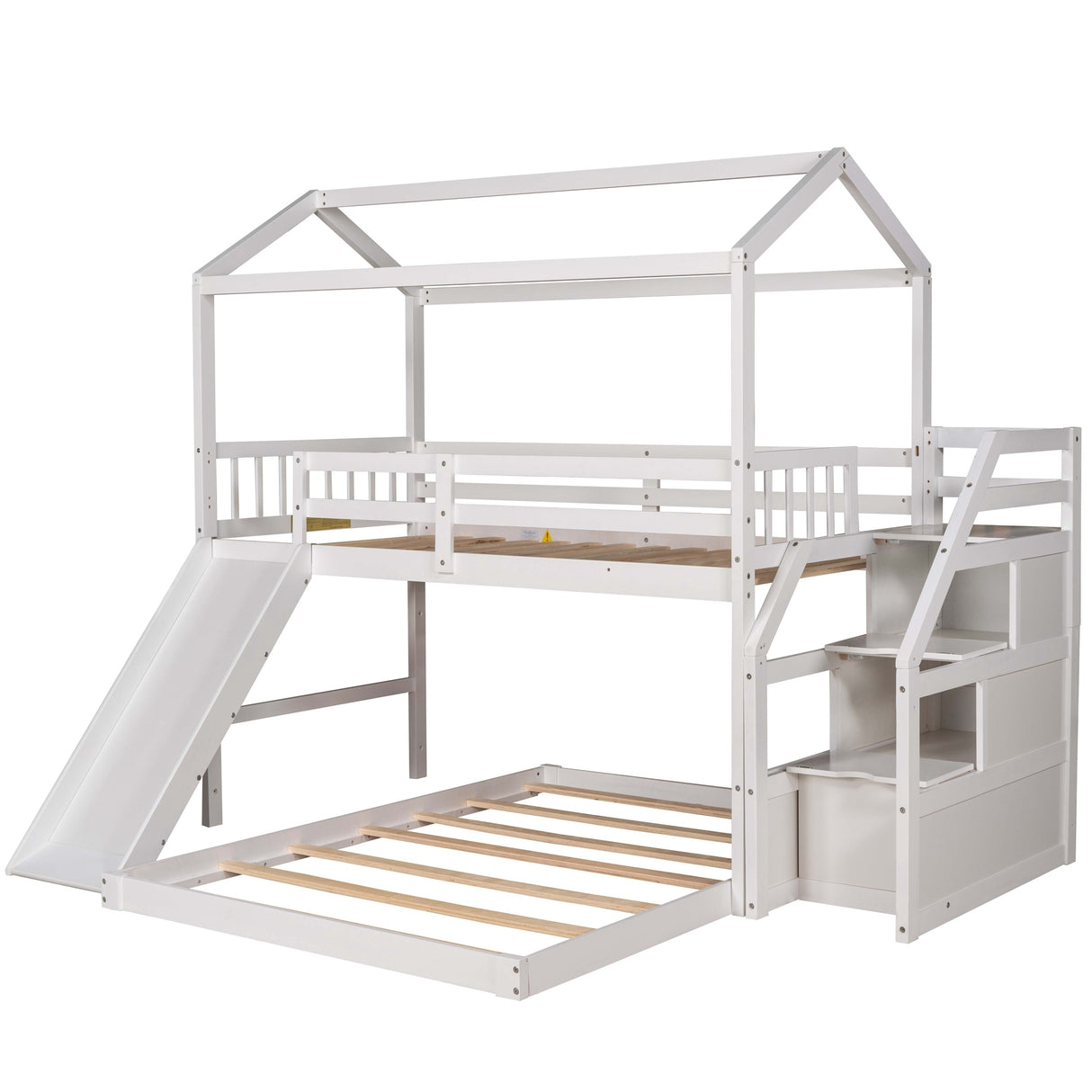 Twin over Full House Bunk Bed with Convertible Slide and Storage Staircase,Full-Length Guardrail,White - Home Elegance USA