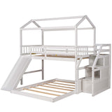 Twin over Full House Bunk Bed with Convertible Slide and Storage Staircase,Full-Length Guardrail,White - Home Elegance USA