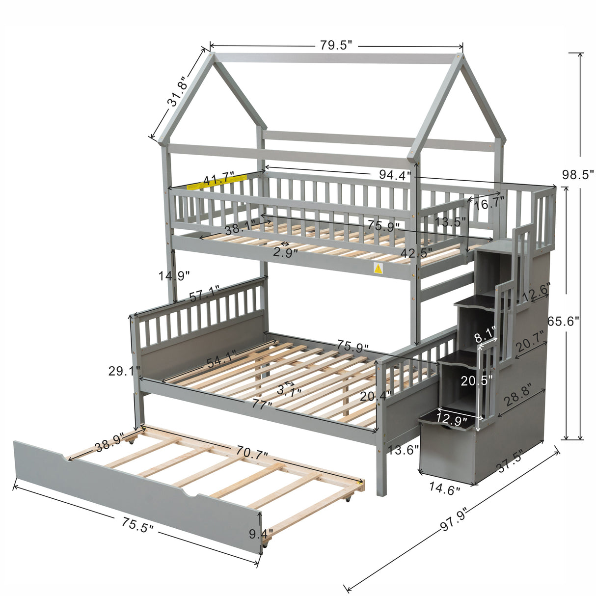 Twin over Full Size House Bunk Bed with Storage Staircase and Trundle,Full-Length Guardrail,Gray - Home Elegance USA