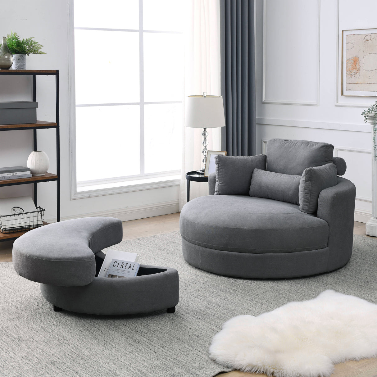 [Video] Welike Swivel Accent Barrel Modern Dark Grey Sofa Lounge Club Big Round Chair with Storage Ottoman Linen Fabric for Living Room Hotel with Pillows Home Elegance USA