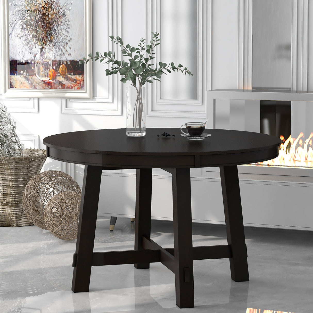 TREXM Farmhouse Round Extendable Dining Table with 16" Leaf Wood Kitchen Table (Espresso) - Home Elegance USA