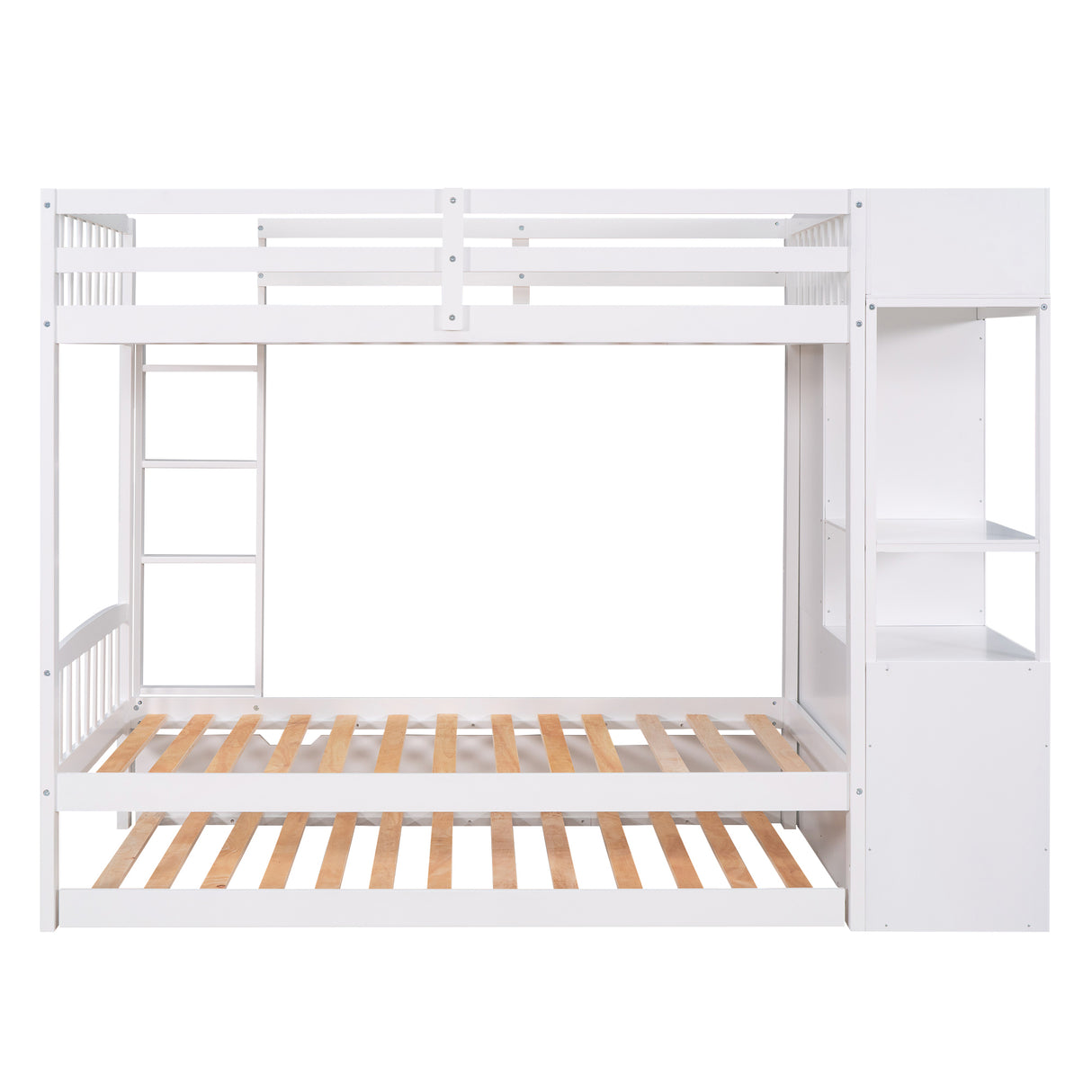 Twin Size Bunk Bed with Trundle and Attached Multifunctional Locker,White - Home Elegance USA