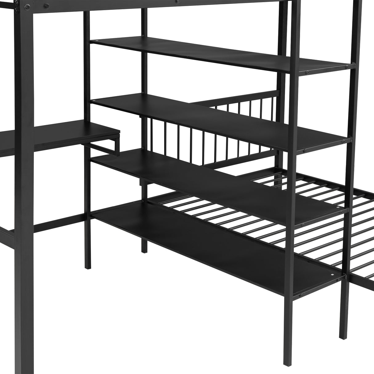 Full Over Twin Metal Bunk Bed with Built-in Desk, Shelves and Ladder, Black