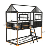 Twin over Twin Size Metal Low Bunk Beds with Roof and Fence-shaped Guardrail, Black - Home Elegance USA